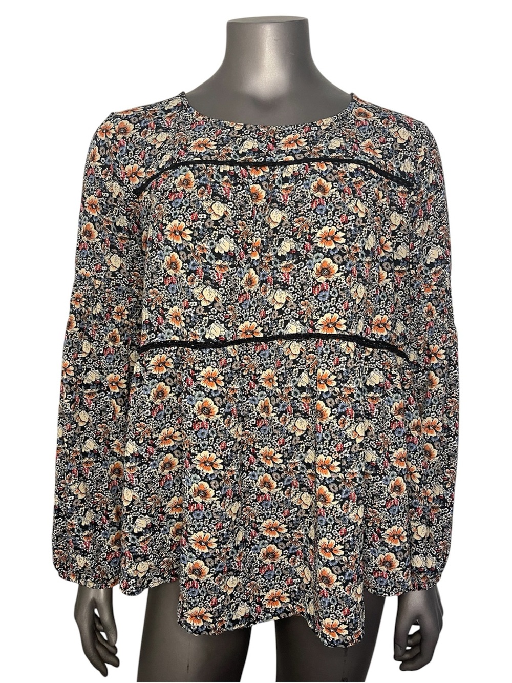 Knox Rose Navy Floral Peasant Blouse with Cream and Orange Flowers